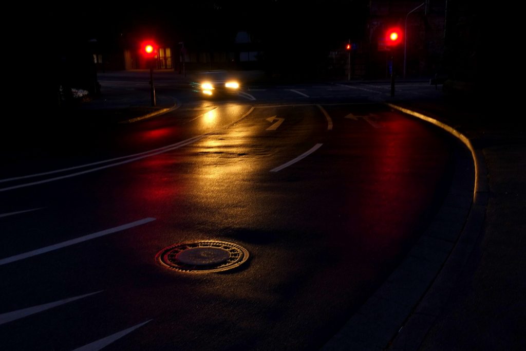 Dark streets late at night when nighttime trash collections may be occurring